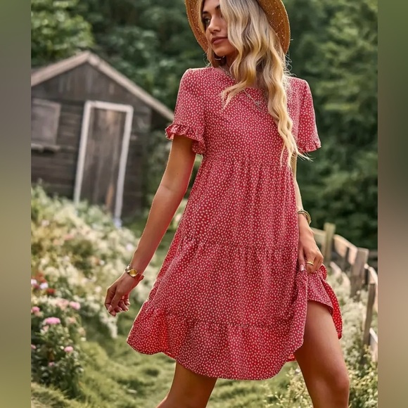 WOMENS | SHORT SLEEVE RUFFLE POLKA DOT CREW NECK MIDI SUMMER DRESS - Picture 4 of 5